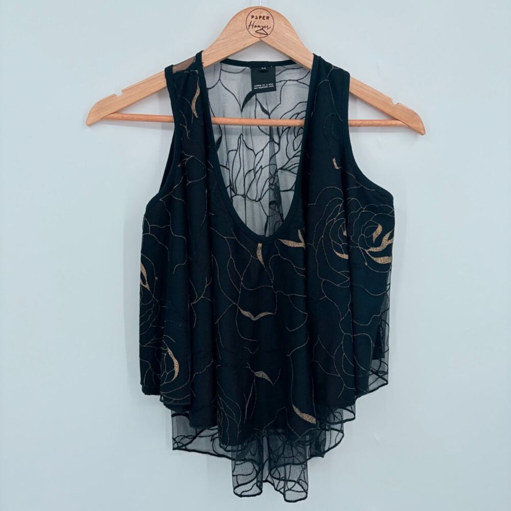 Whimsigoth Sheer Layered Black Tank Top with Gold Details, Sz Medium, Flowy